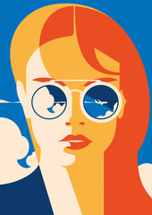 Fashion portrait of a model girl with sunglasses. Time to Travel and Summer Holiday poster.