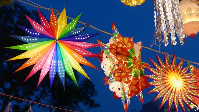 4K footage of Traditional lantern close ups on street side shops on the occasion of Diwali festival in Mumbai, India.