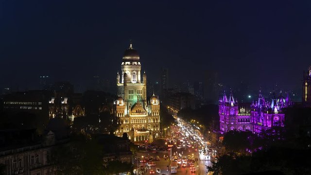 Time lapse footage of Municipal headquarter BMC and Chhatrapati Shivaji Terminus (CSMT) formerly Victoria Terminus in Mumbai, India is a UNESCO World Heritage Site and historic railway station.