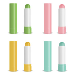 Vector realistic 3d white blank glossy closed and opened lip balm stick or hygienic lipstick set - green, pink, orange and blue color, based on aloe extract, green tea, honey, orange, mango, berries