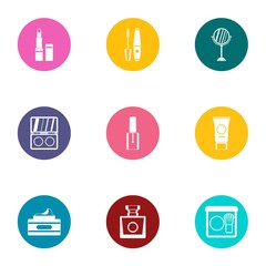 Cosmetic production icons set. Flat set of 9 cosmetic production vector icons for web isolated on white background