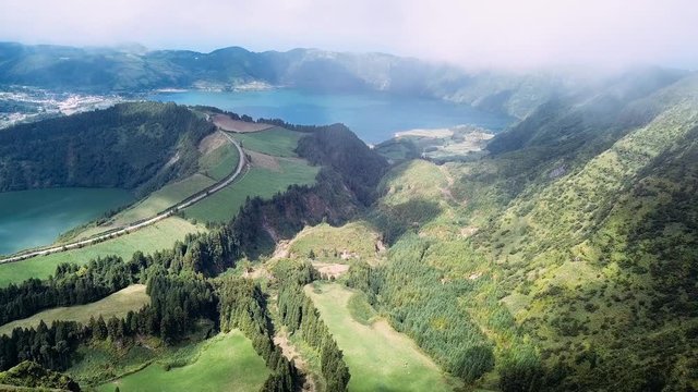 Boca do Inferno viewpoint, Lagoa Verde and Lagoa Azul - lakes in Sete Cidades volcanic craters on San Miguel island, Azores, Portugal. 