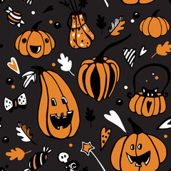 Halloween seamless vector pattern with different orange pumpkins. Good for packaging design, halloween packaging paper, thematical background