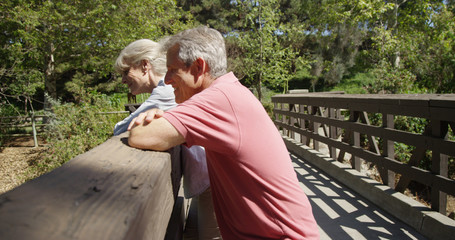 Portrait of senior caucasian couple looking from a bridge