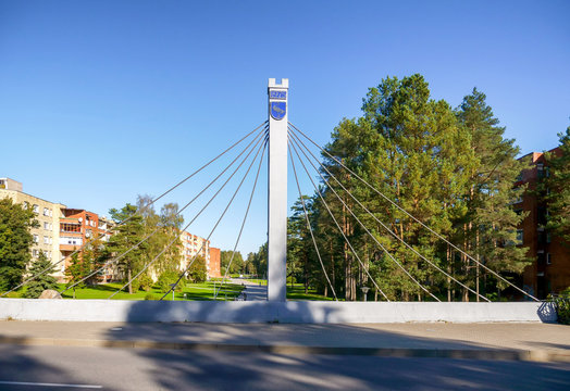 Town memorial emblem of Visaginas Lithuania with stork symbol and foundation year 1975