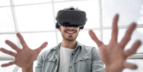 VR headset for business experience, curious man