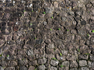 Old black stone texture. Ancient masonry background, close-up. Wall of the medieval city, castle retro background. Green grass on the rocks