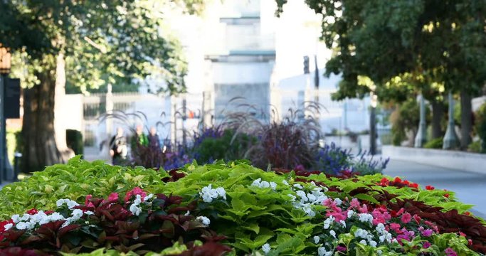 Temple Square Salt Lake City Utah flowers and landscape. The Church of Jesus Christ of Latter-day Saints, LDS or Mormon Church. Christian religion. Historic Temple 1893.