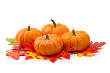 Fresh orange miniature pumpkins with dry autumn leaves isolated on white background