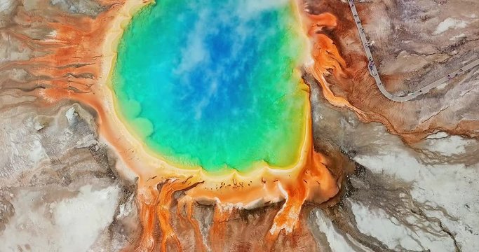 Aerial footage of Grand Prismatic Spring at Yellowstone National Park, Wyoming, America