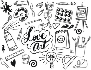 Black and white fine art hand drawn doodle and tool model icon isolated. Art subject doodle used for school education or document decoration with subject header lettering, VECTOR Illustration