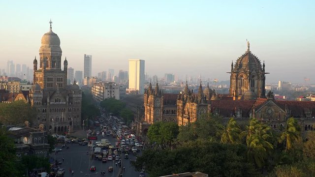 Footage of Municipal headquarter BMC and Chhatrapati Shivaji Terminus (CSMT) formerly Victoria Terminus in Mumbai, India is a UNESCO World Heritage Site and historic railway station.	