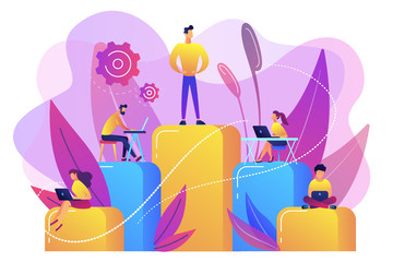 Businessmen work with laptops on graph columns. Business hierarchy, hierarchical organization, levels of hierarchy concept on white background. Bright vibrant violet vector isolated illustration