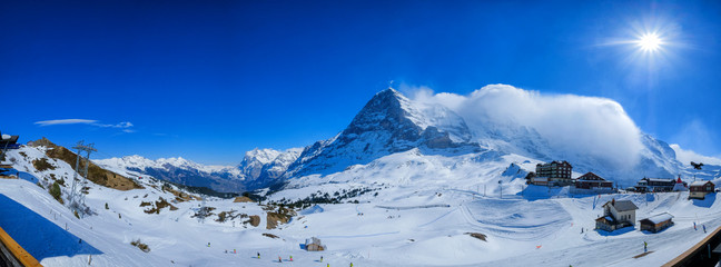 Panoramic view of snow mountains from Kleine Scheidegg, in winter, Switzerland