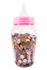 Large baby milk bottle fill with Thai baht coins money isolated on white background