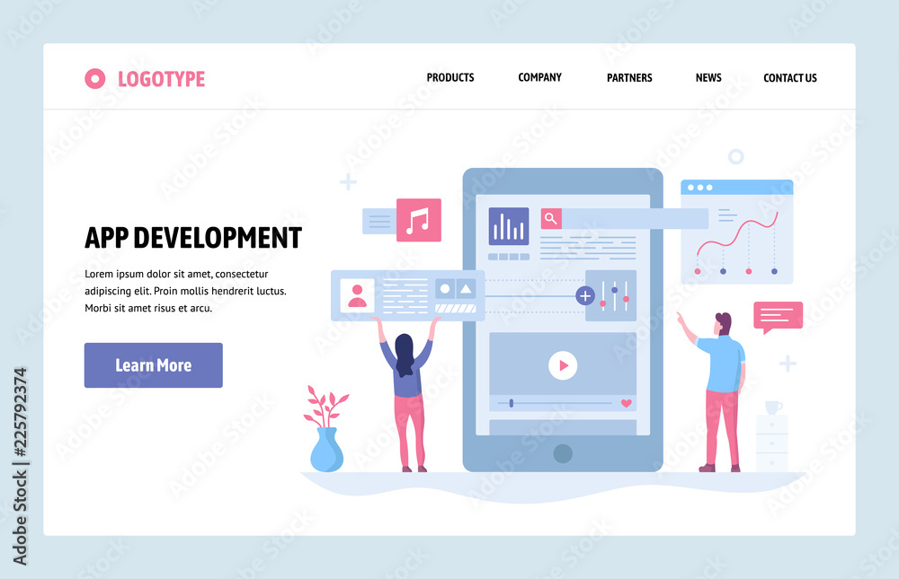 Poster vector web site linear art design template. mobile phone app development. landing page smartphone ap