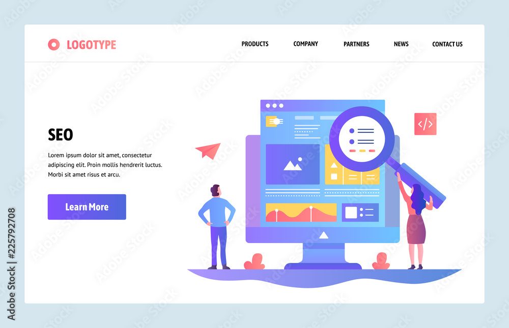 Poster vector web site linear art design template. seo search engines optimization and content marketing. l