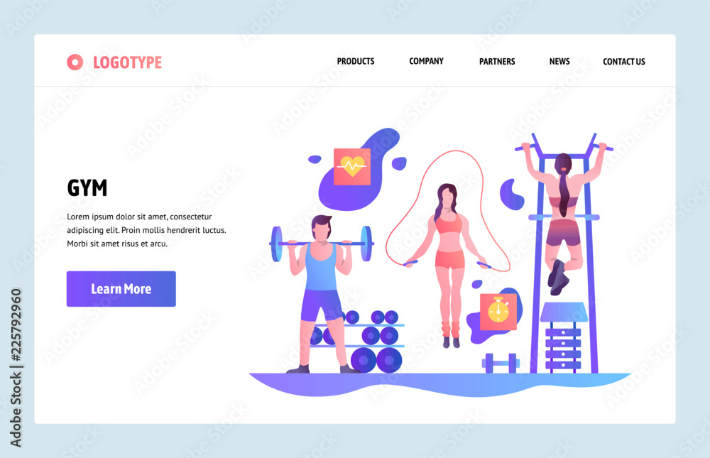 Wall mural vector web site linear art design template. people work out in gym. landing page concepts for fitnes