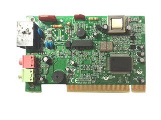 close up green pcb  old sound card computer circuit board with eletronic equipment