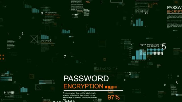 Looping infographic zoom in animation.Flying through infographic elements like population, demographic,bar charts.Template with chromakey for alpha channel.Choose your own background.Dark green.
