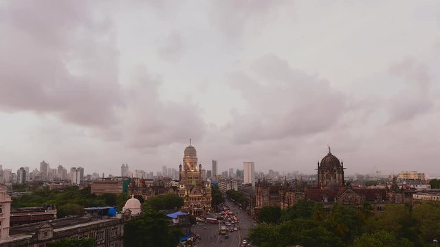 Time lapse footage of Municipal headquarter BMC and Chhatrapati Shivaji Terminus (CSMT) formerly Victoria Terminus in Mumbai, India is a UNESCO World Heritage Site and historic railway station.	