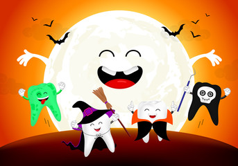 Funny cute cartoon tooth character. witch, zombie, Dracula and ghost in moon night, happy Halloween concept. Design for banner, poster, greeting card. Illustration.