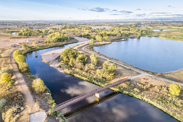South Platte River with bike trails below Denver in northern Colorado, aerial view