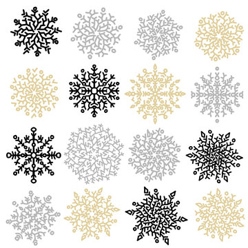 Set of black, gold and silver snowflakes. Snowflakes christmas collection. Vector illustration.