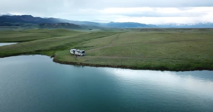 Aerial over lake reservoir remote boondock camping - Wyoming near Yellowstone National Park