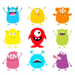 Happy Halloween. Cute monster icon set. Cartoon colorful scary funny character. Eyes, tongue, hands up. Funny baby collection. White background. Flat design.