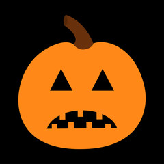 Pumpkin. Happy Halloween. Funny creepy sad face. Cute cartoon baby character. Greeting card. Black background. Isolated. Flat design.