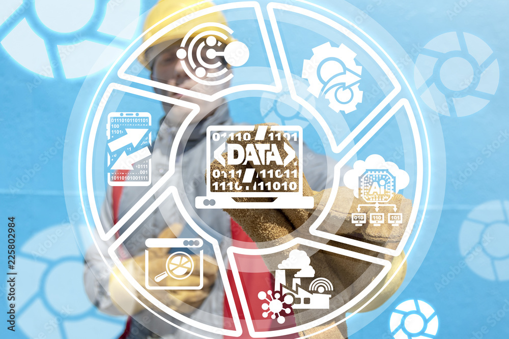 Poster production worker push a laptop data api code button on a virtual screen. big data industry 40 techn