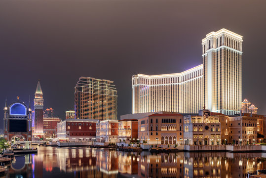Night view of buildings in Venetian Gothic style. Cotai, Macau