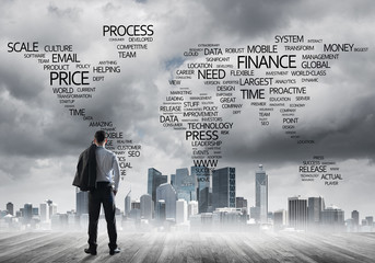 Motivation and inspiration concept with modern cityscape and businessman observing it