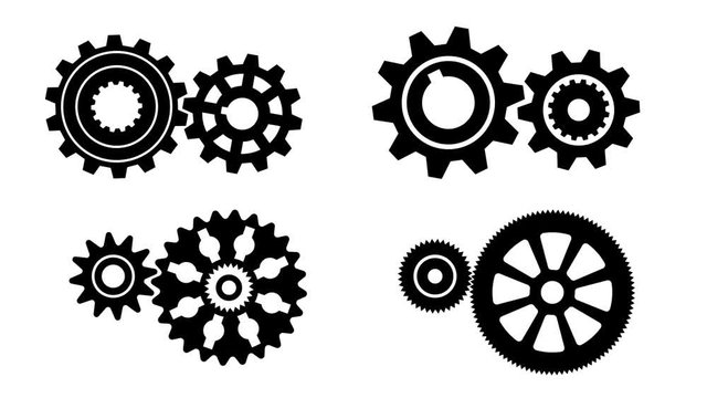 Rotating gears meshing in different sizes and shapes. Looped animation with alpha channel.