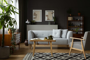 Real photo a vintage living room interior with a sofa, coffee table, paintings, plant and cupboard...