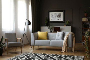Real photo of retro armchair, modern sofa decorated with pillows, lamp, painting and carpet in a...