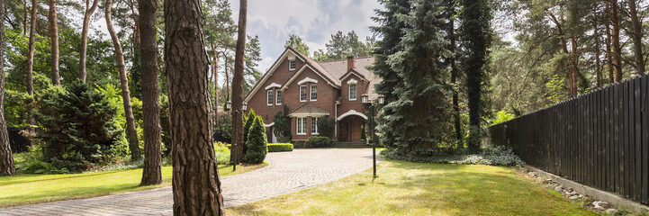 A long paved driveway surrounded by lawn, trees and evergreens leading to a red brick English style...