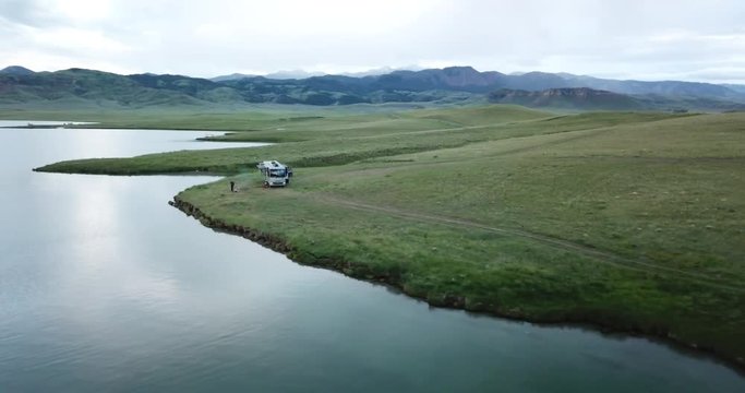 Aerial over lake reservoir remote boondock camping - Wyoming near Yellowstone National Park