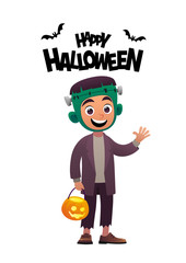Cartoon character child in costume Frankenstein monster Happy Halloween
