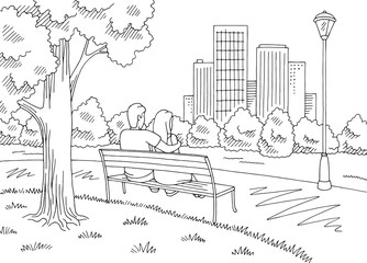 Obraz premium Man hugging a woman sitting on a bench. Park graphic black white landscape sketch illustration vector