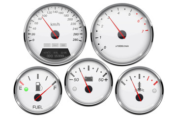 Car dashboard 3d gauges. Speedometer, tachometer, fuel gauge, temperature and accumulator charge device