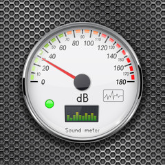 Decibel gauge. Volume unit on low level. Glass gauge with chrome frame on metal perforated background