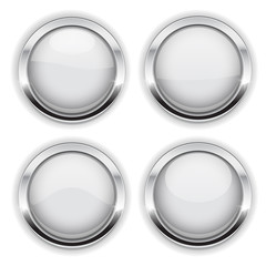White buttons with chrome frame. Round glass shiny 3d icons with reflection
