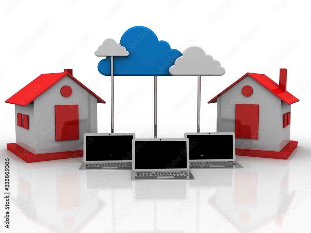 Poster 3d rendering cloud computing with house