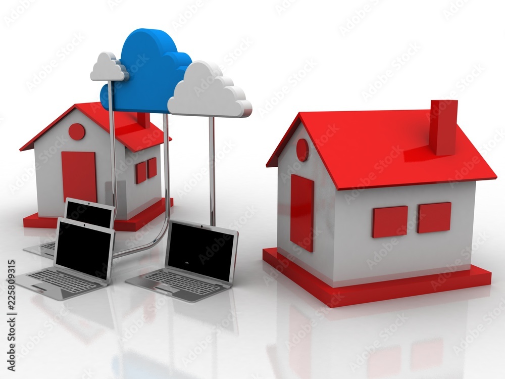 Poster 3d rendering cloud computing with house