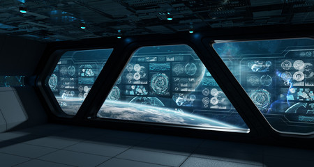 Dark spaceship interior with control panel digital screens 3D rendering