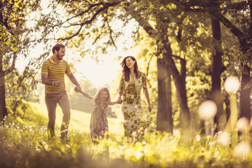 Happy family holding hands and walking through the park.