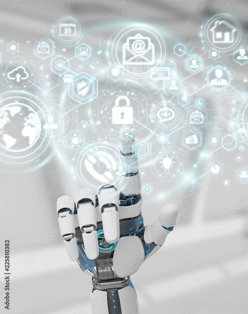 Leinwandbilder White robot hand using cyber security data interface 3D rendering