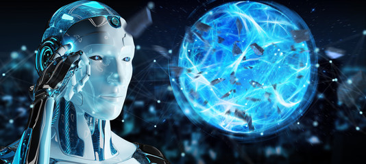 White man robot creating energy ball 3D rendering